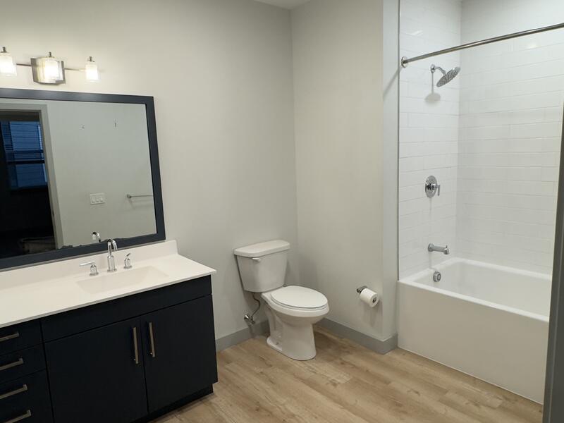 Newly built bathroom cleaned by AJ Premium Cleaners after construction, vanity and tub ready to use